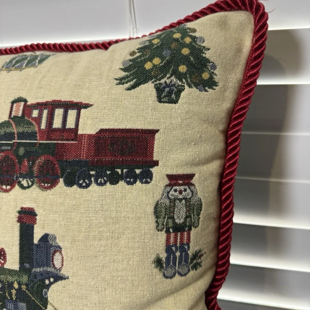 VTG 90s Square Tapestry Pillow Christmas Tree‎ Trains Nutcracker Star 16x16 gift